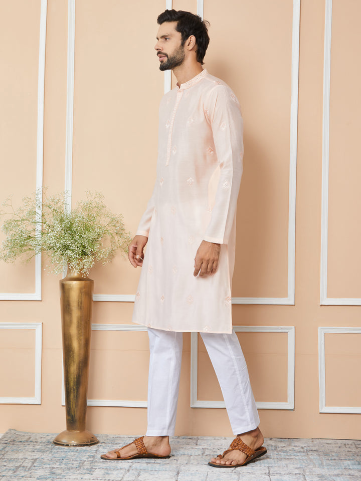 Peach Embroidered Pure Chanderi Silk Straight Kurta