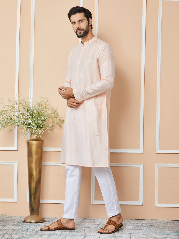 Peach Embroidered Pure Chanderi Silk Straight Kurta with Pyjama