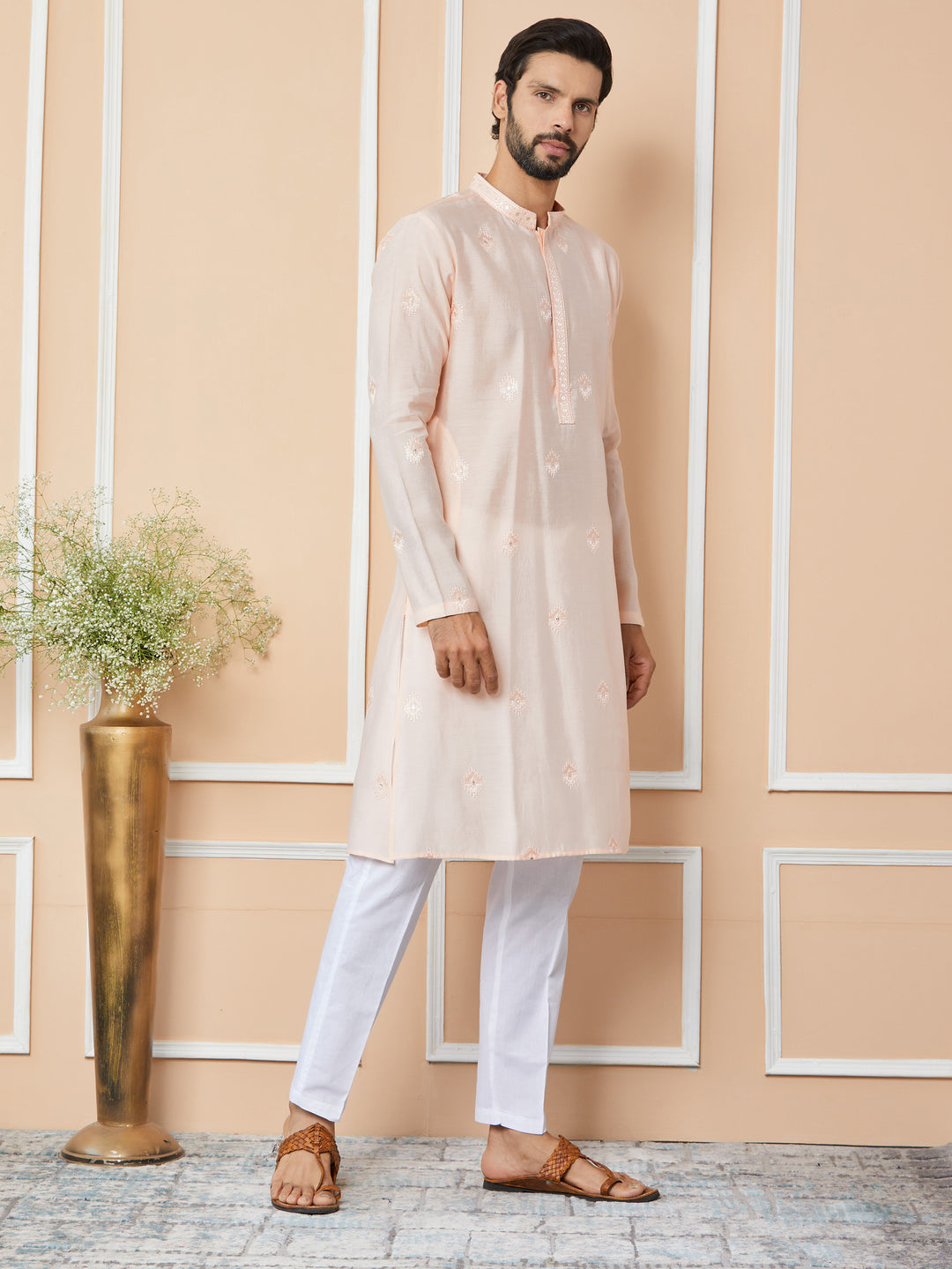 Peach Embroidered Pure Chanderi Silk Straight Kurta