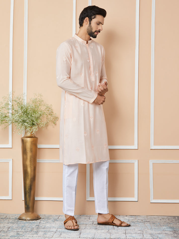 Peach Embroidered Pure Chanderi Silk Straight Kurta with Pyjama