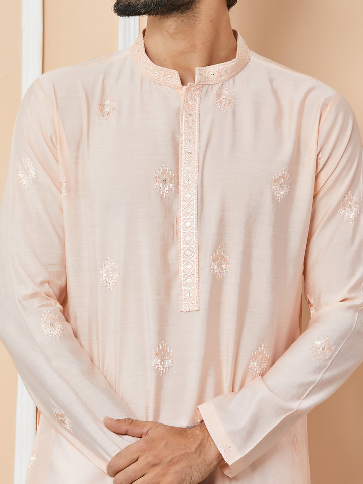 Peach Embroidered Pure Chanderi Silk Straight Kurta