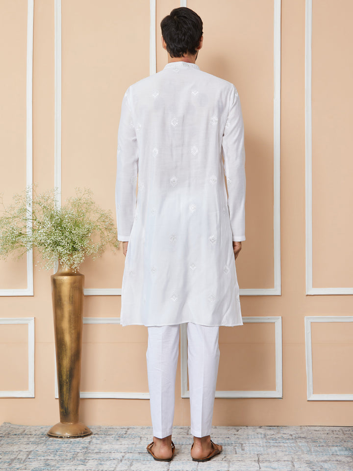 White Embroidered Pure Chanderi Silk Straight Kurta