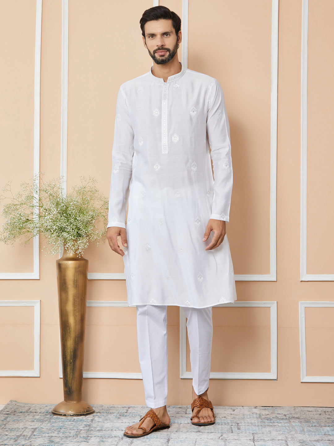 White Embroidered Pure Chanderi Silk Straight Kurta