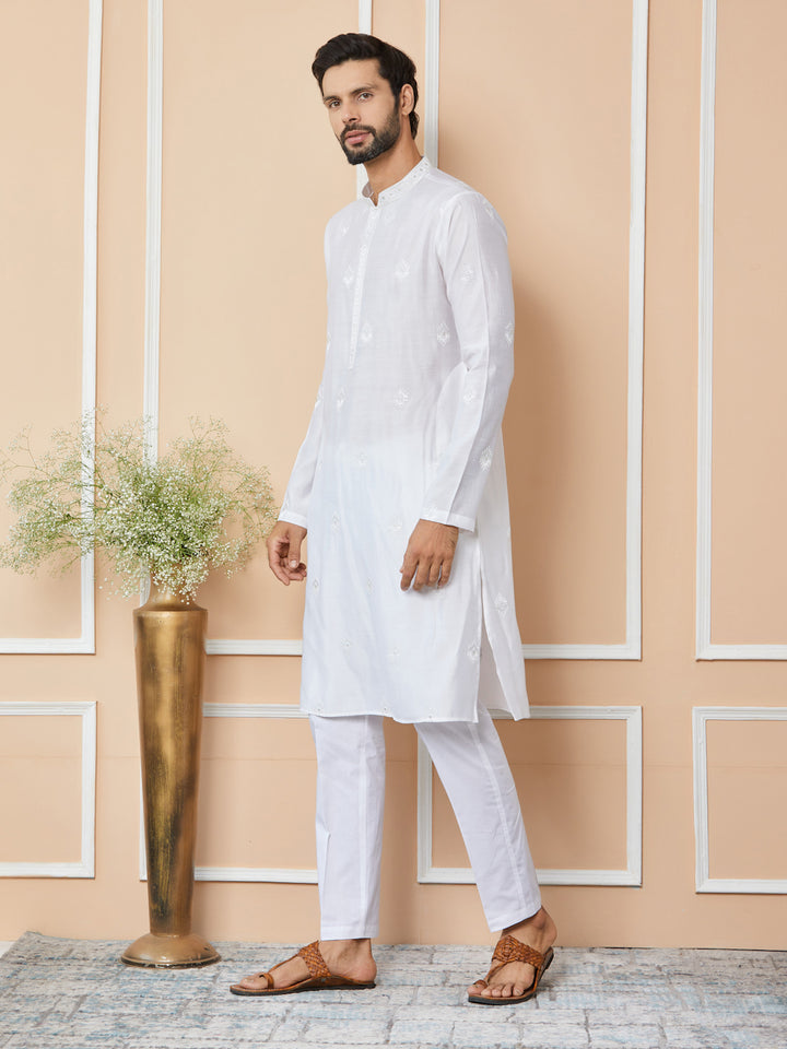 White Embroidered Pure Chanderi Silk Straight Kurta