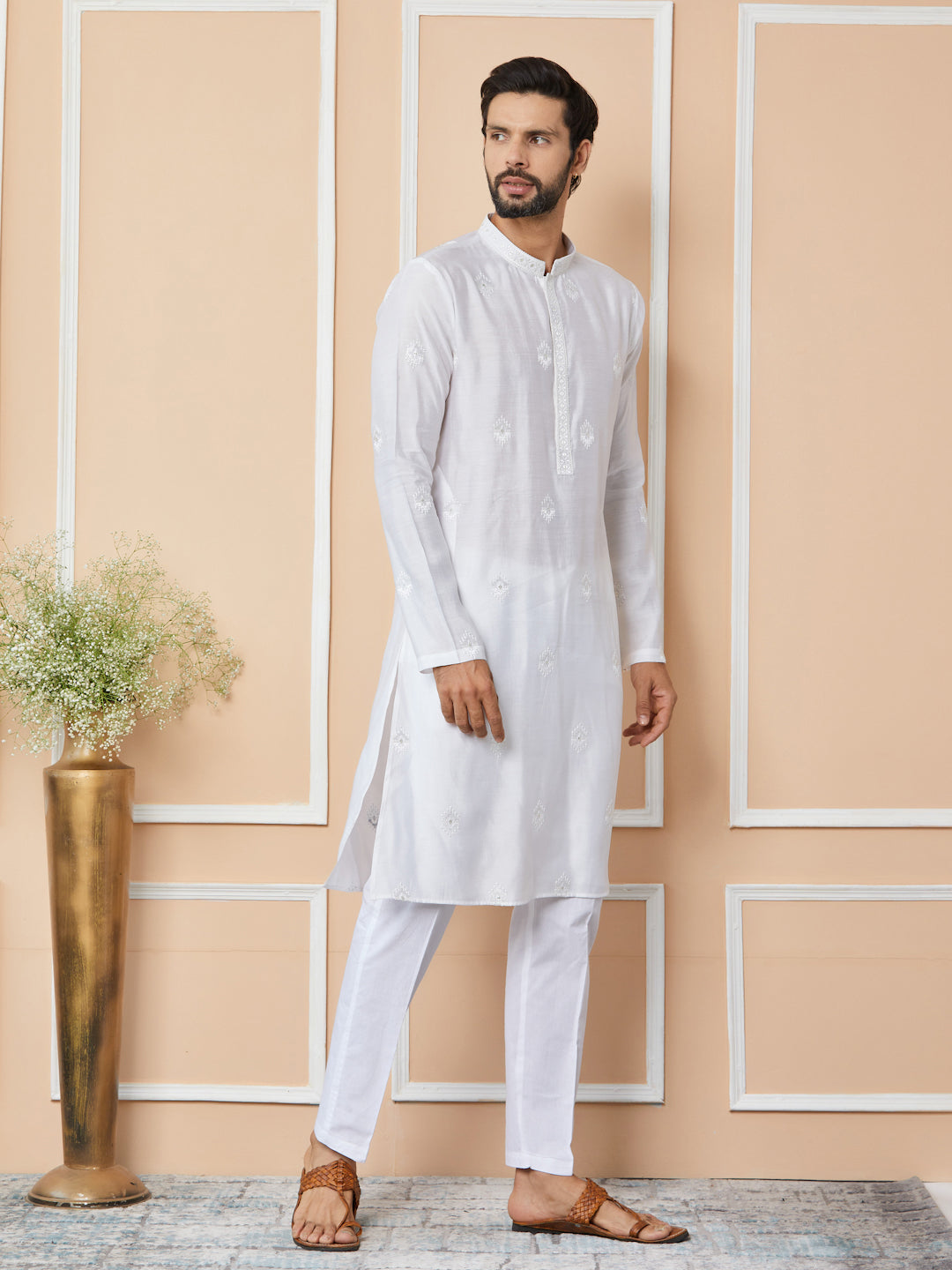 White Embroidered Pure Chanderi Silk Straight Kurta with Pyjama