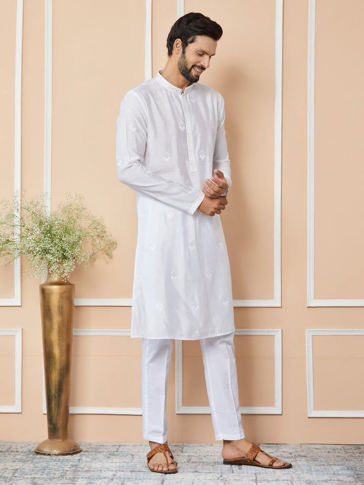 White Embroidered Pure Chanderi Silk Straight Kurta