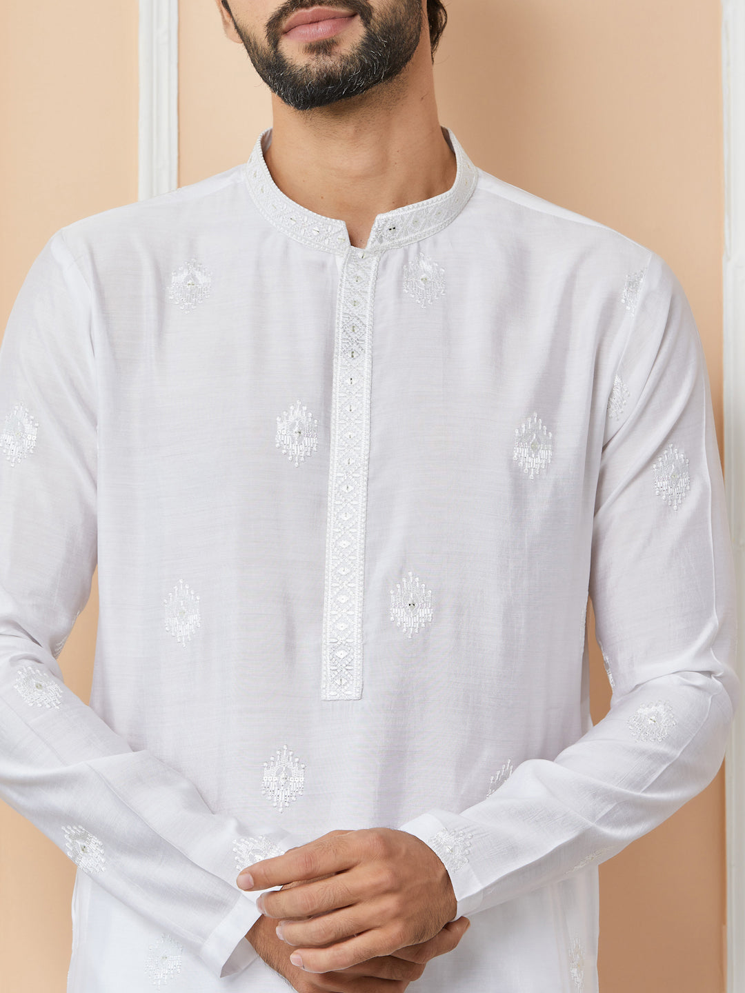 White Embroidered Pure Chanderi Silk Straight Kurta