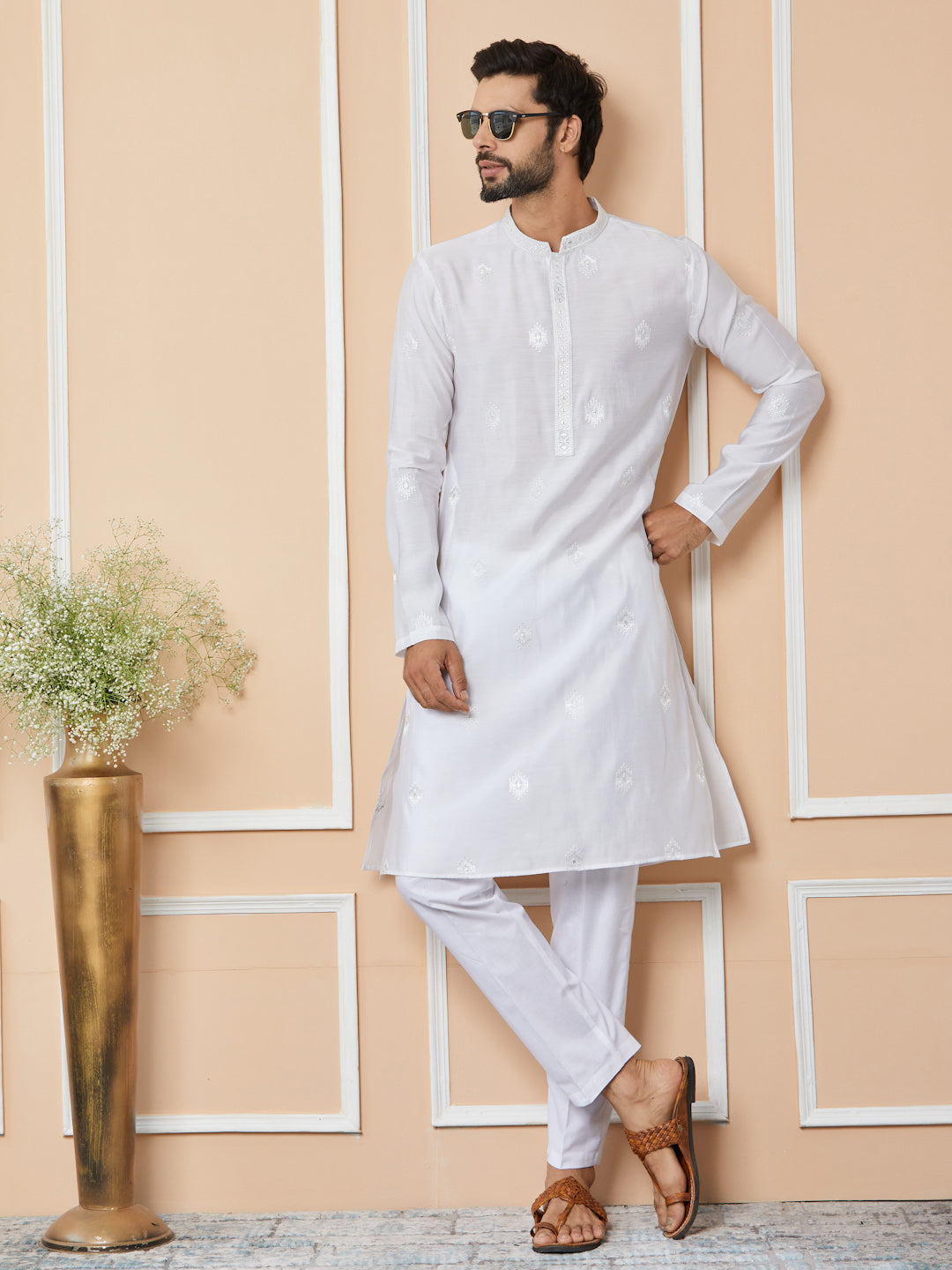 White Embroidered Pure Chanderi Silk Straight Kurta