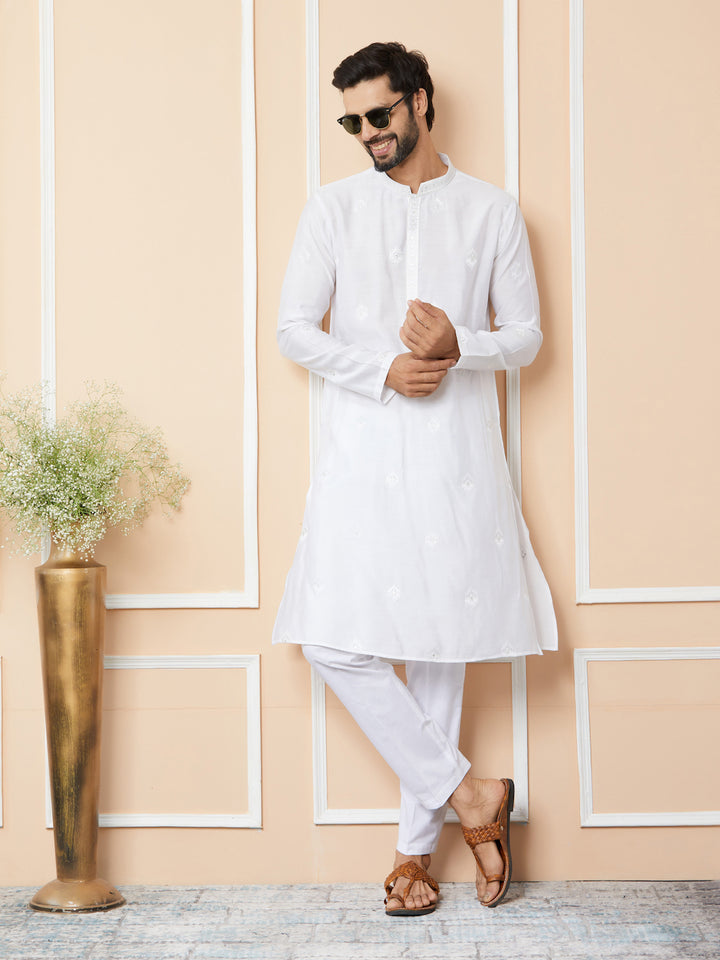 White Embroidered Pure Chanderi Silk Straight Kurta