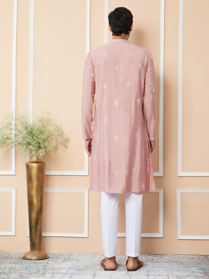 Classic Rose Embroidered Pure Chanderi Silk Straight Kurta