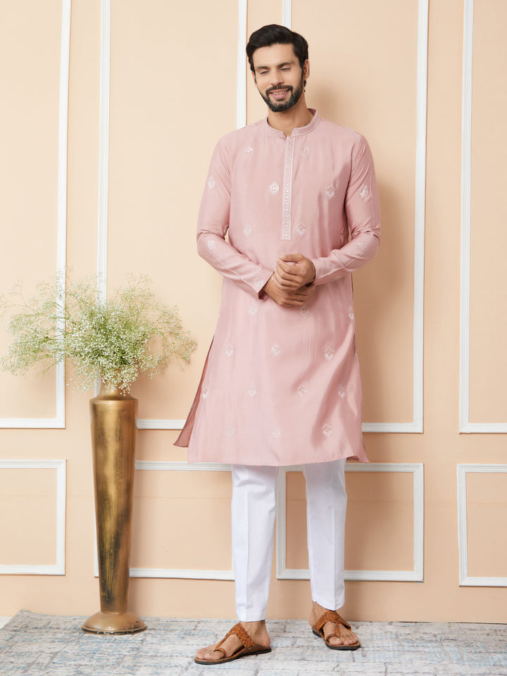 Classic Rose Embroidered Pure Chanderi Silk Straight Kurta with Pyjama