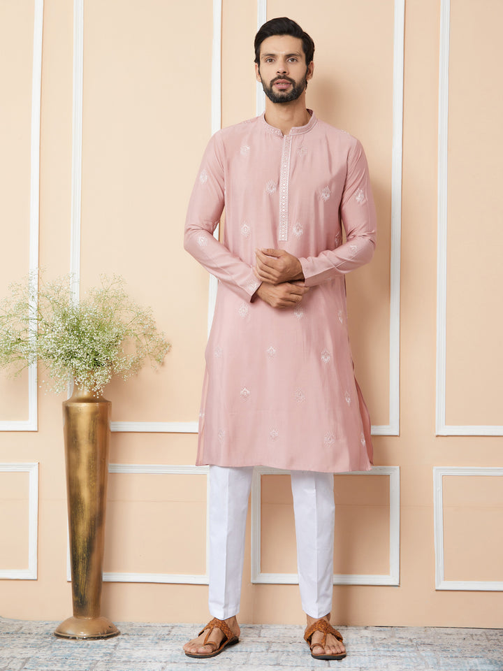 Classic Rose Embroidered Pure Chanderi Silk Straight Kurta