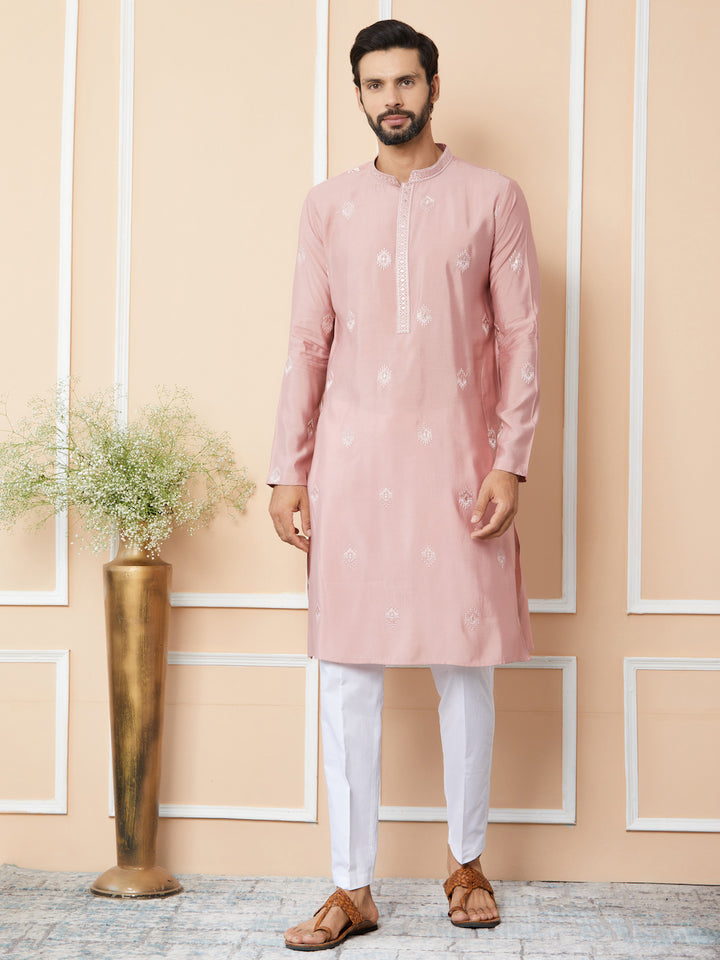 Classic Rose Embroidered Pure Chanderi Silk Straight Kurta