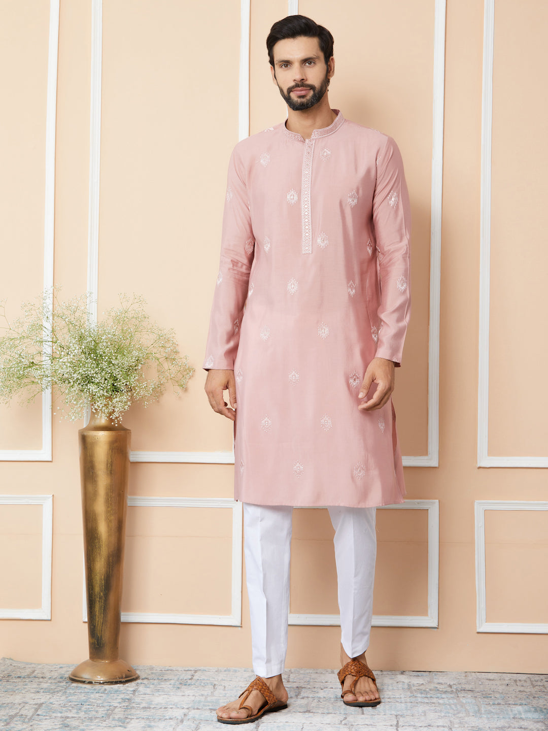 Classic Rose Embroidered Pure Chanderi Silk Straight Kurta with Pyjama