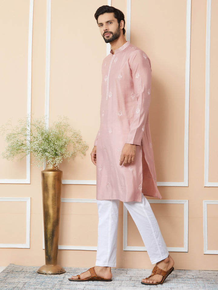 Classic Rose Embroidered Pure Chanderi Silk Straight Kurta