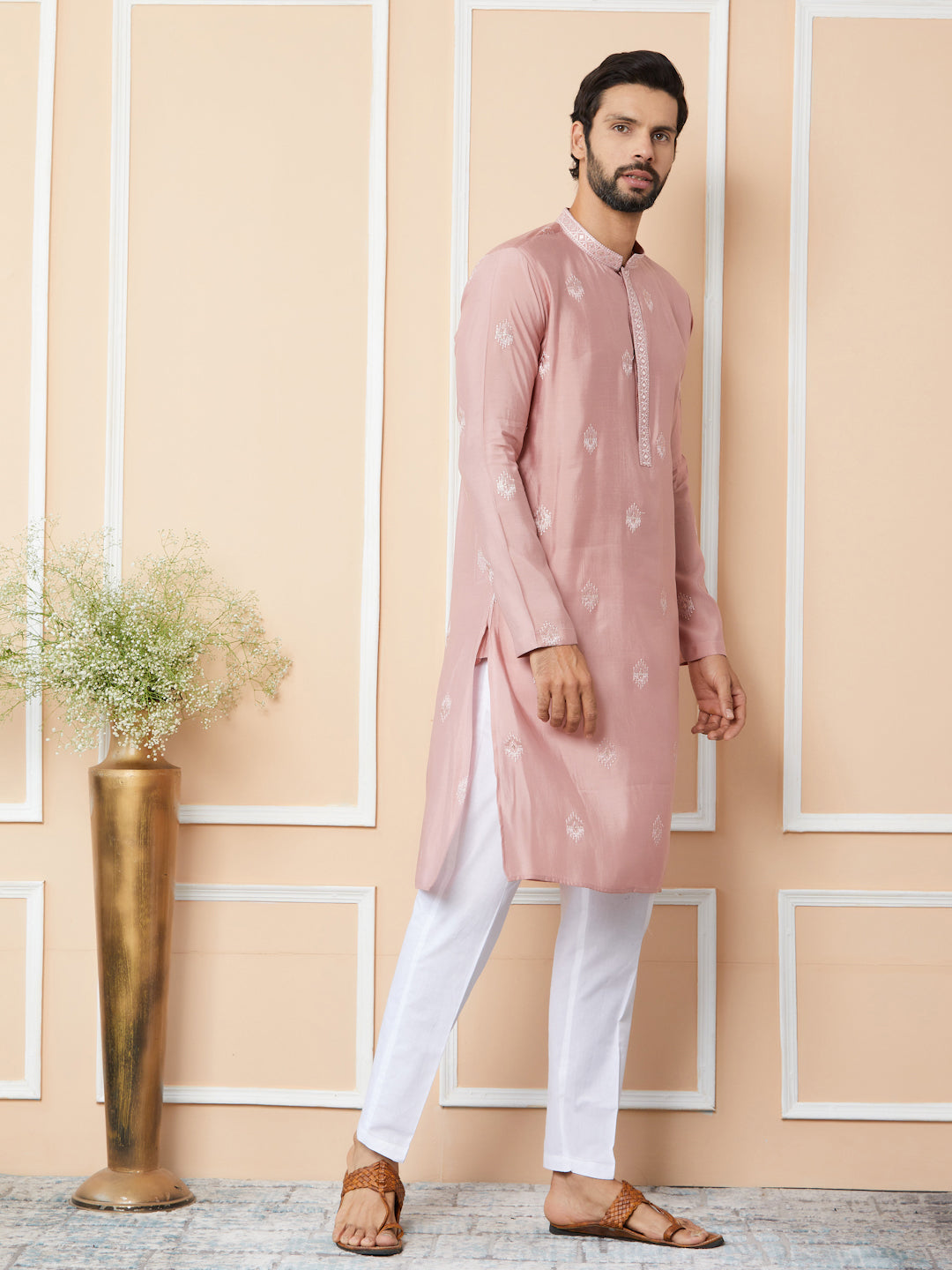 Classic Rose Embroidered Pure Chanderi Silk Straight Kurta