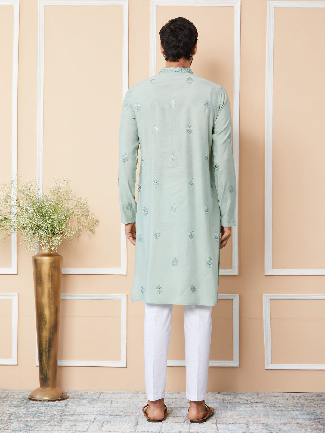 Peppermint Green Embroidered Pure Chanderi Silk Straight Kurta