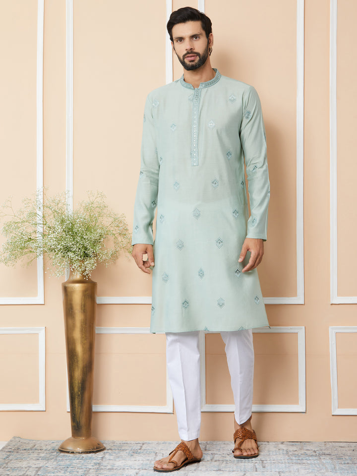 Peppermint Green Embroidered Pure Chanderi Silk Straight Kurta with Pyjama