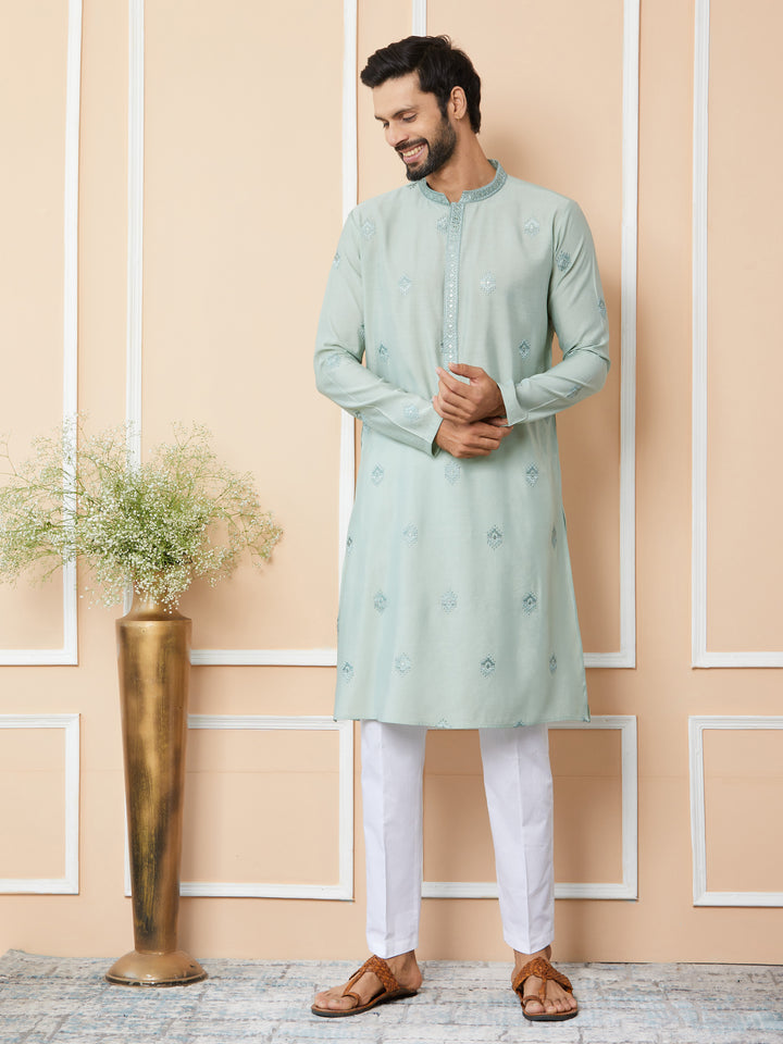 Peppermint Green Embroidered Pure Chanderi Silk Straight Kurta