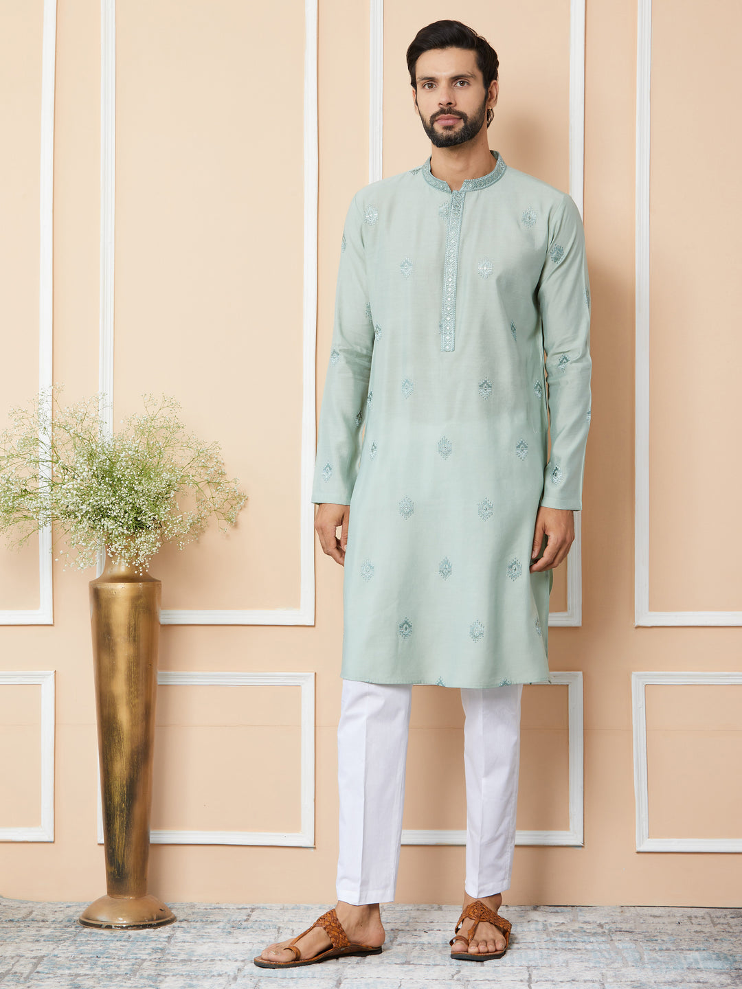 Peppermint Green Embroidered Pure Chanderi Silk Straight Kurta