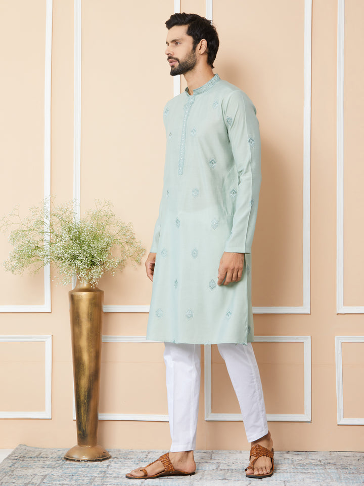 Peppermint Green Embroidered Pure Chanderi Silk Straight Kurta with Pyjama