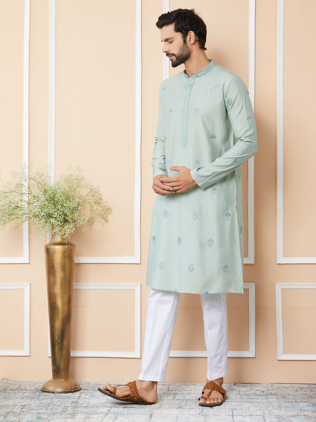 Peppermint Green Embroidered Pure Chanderi Silk Straight Kurta