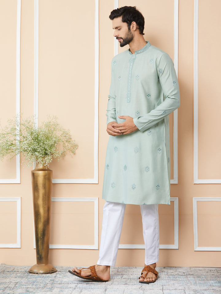 Peppermint Green Embroidered Pure Chanderi Silk Straight Kurta