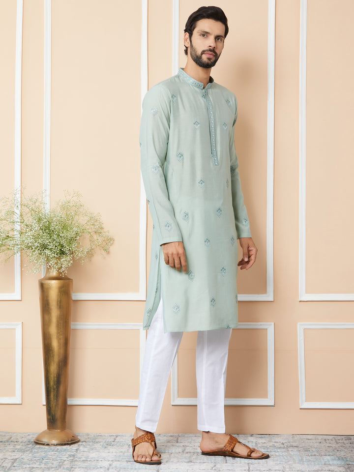 Peppermint Green Embroidered Pure Chanderi Silk Straight Kurta