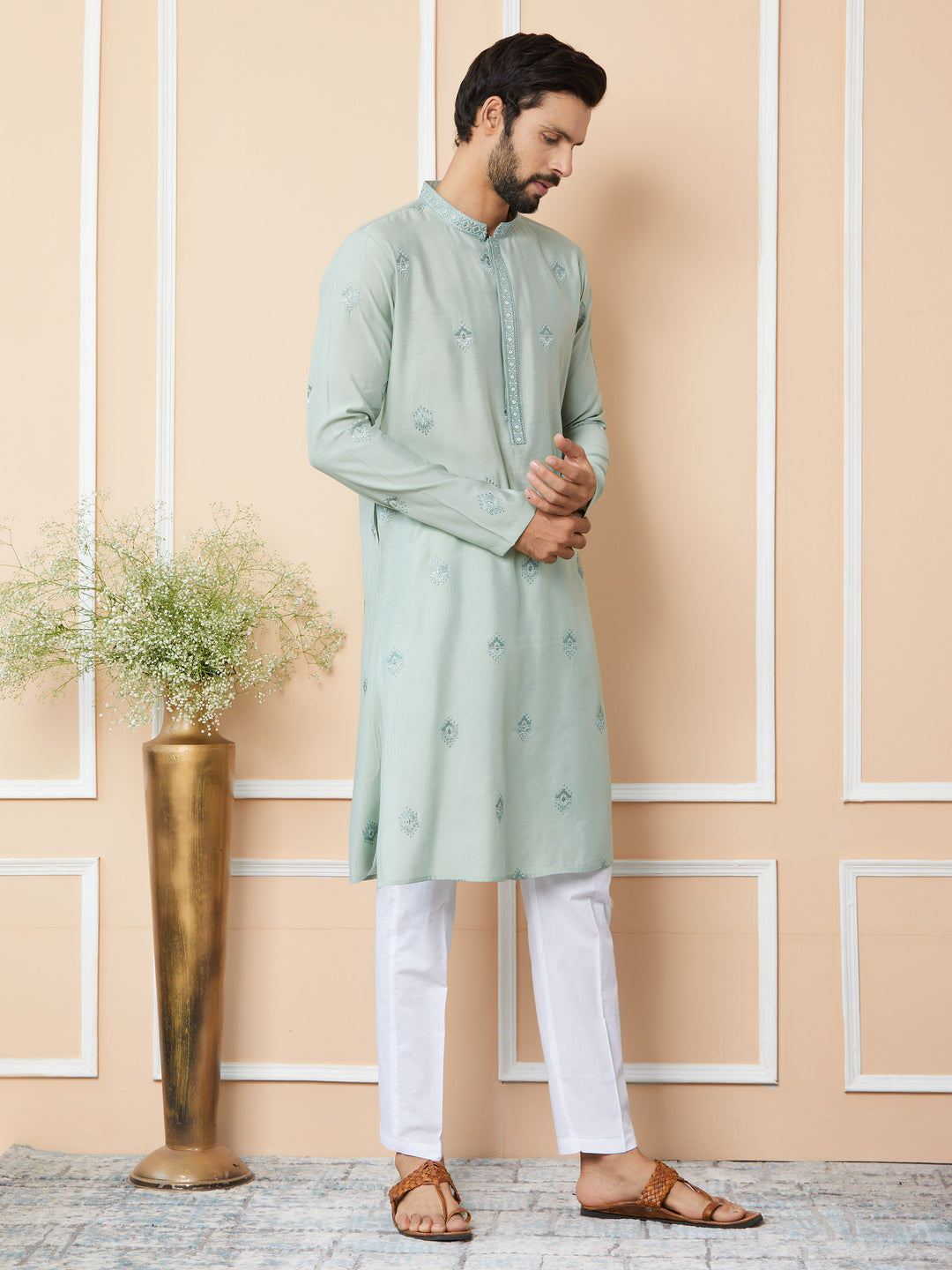 Peppermint Green Embroidered Pure Chanderi Silk Straight Kurta