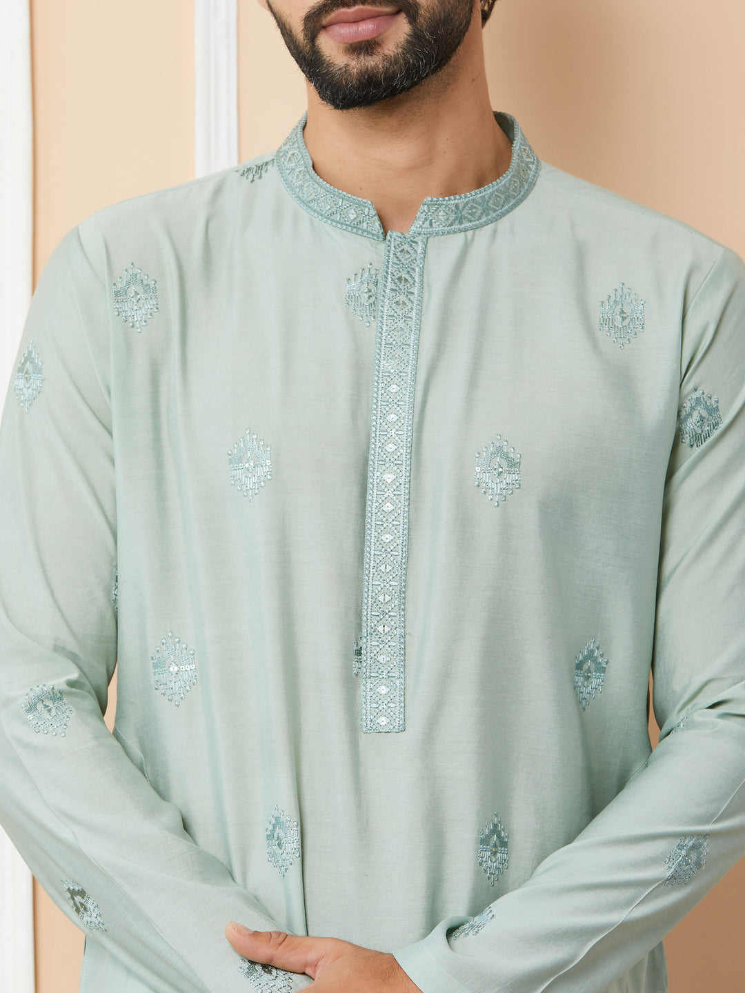 Peppermint Green Embroidered Pure Chanderi Silk Straight Kurta