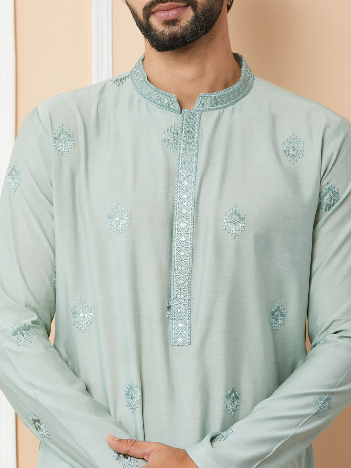 Peppermint Green Embroidered Pure Chanderi Silk Straight Kurta with Pyjama