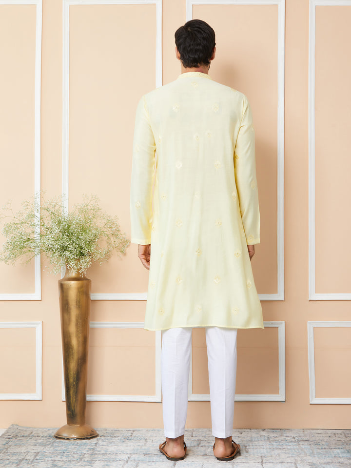 Light Yellow Embroidered Pure Chanderi Silk Straight Kurta with Pyjama