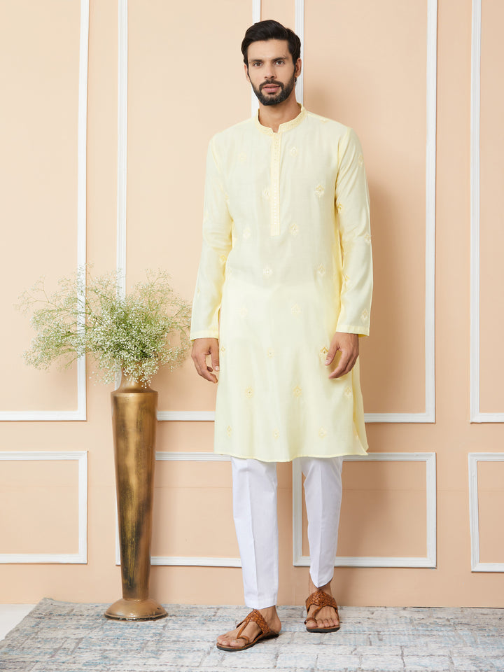 Light Yellow Embroidered Pure Chanderi Silk Straight Kurta