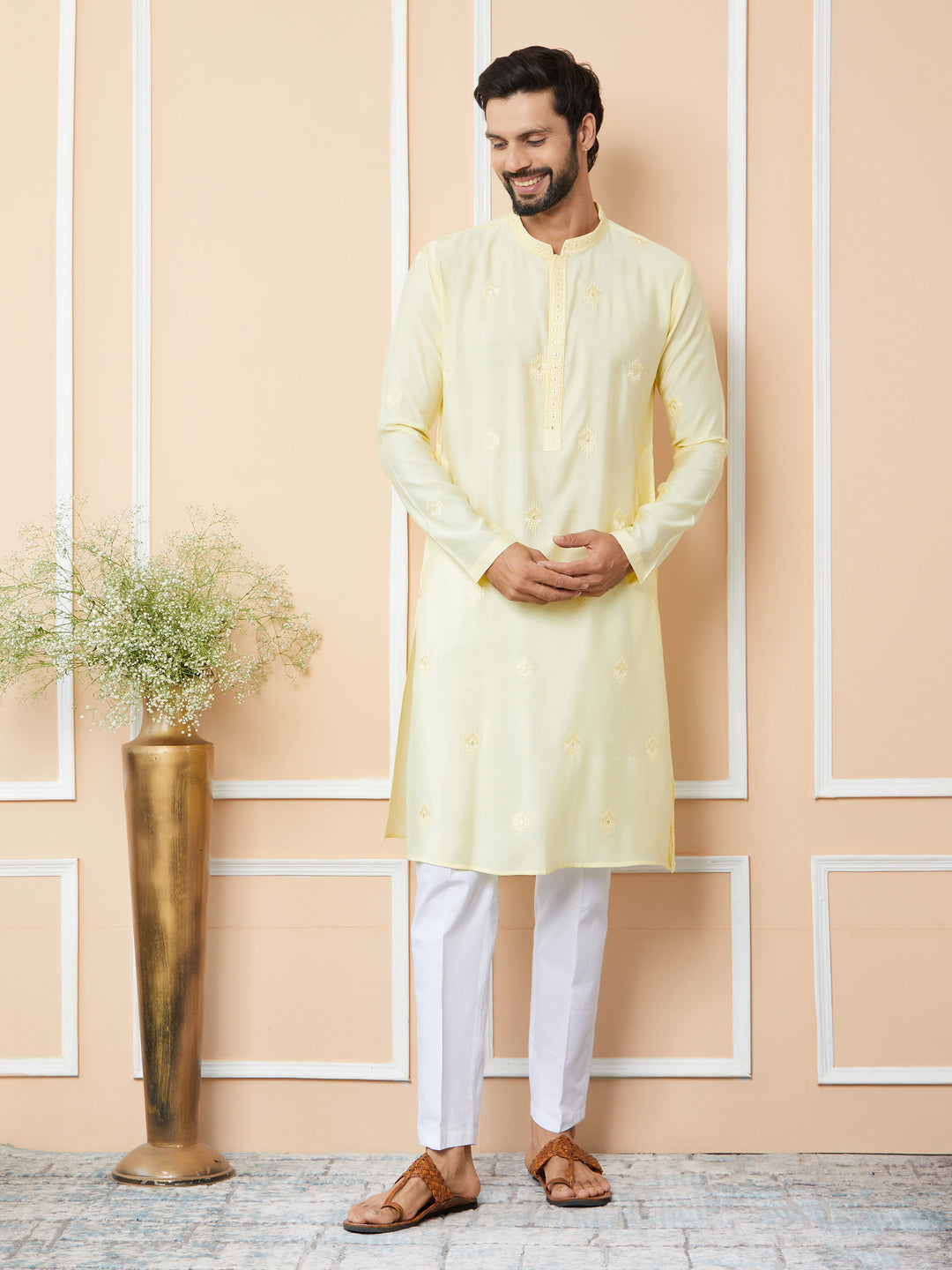 Light Yellow Embroidered Pure Chanderi Silk Straight Kurta with Pyjama