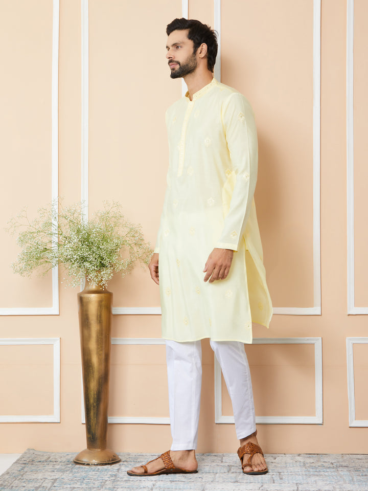 Light Yellow Embroidered Pure Chanderi Silk Straight Kurta