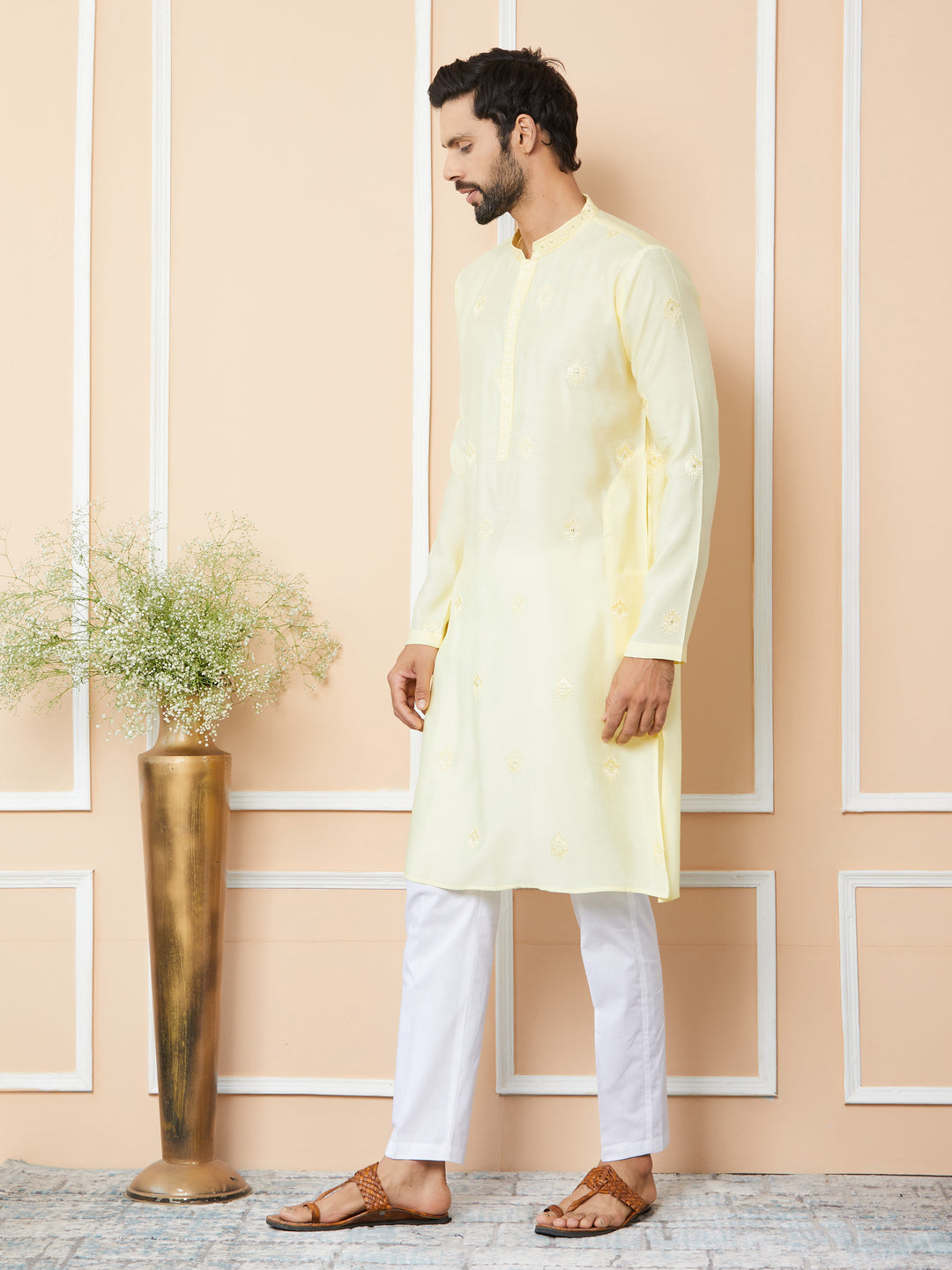 Light Yellow Embroidered Pure Chanderi Silk Straight Kurta