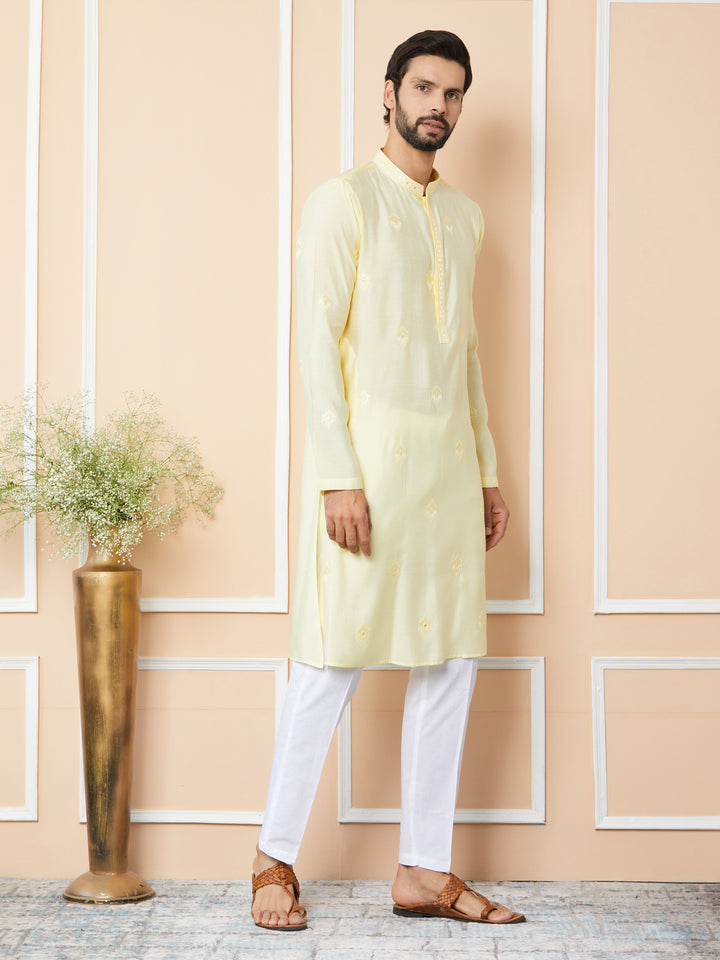 Light Yellow Embroidered Pure Chanderi Silk Straight Kurta