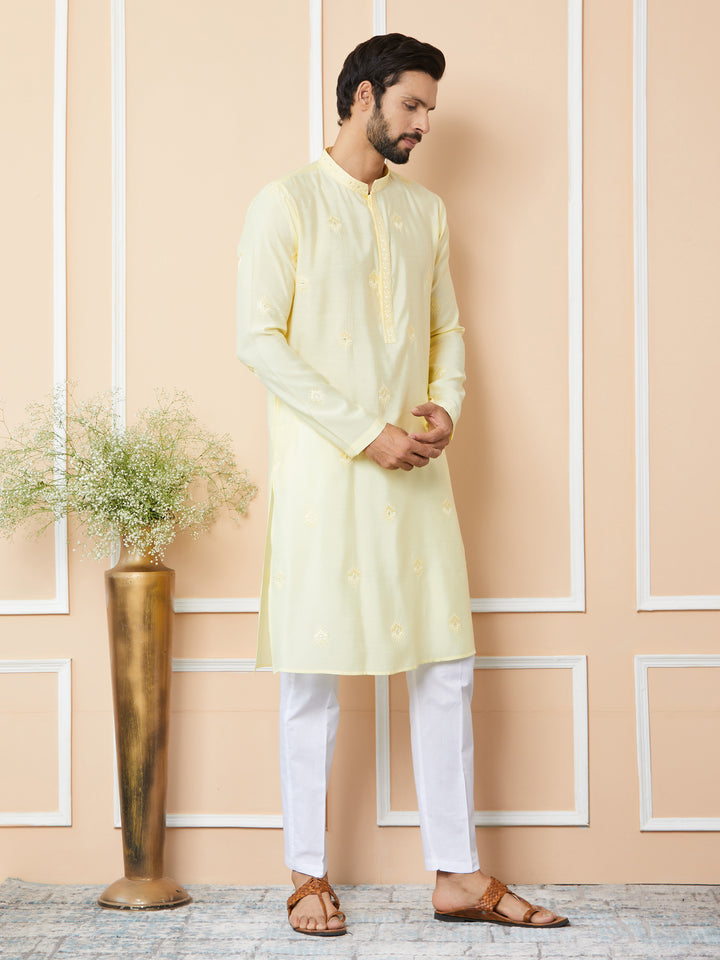 Light Yellow Embroidered Pure Chanderi Silk Straight Kurta