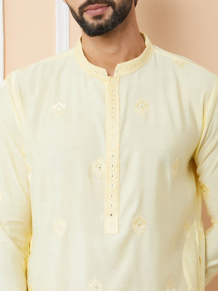 Light Yellow Embroidered Pure Chanderi Silk Straight Kurta