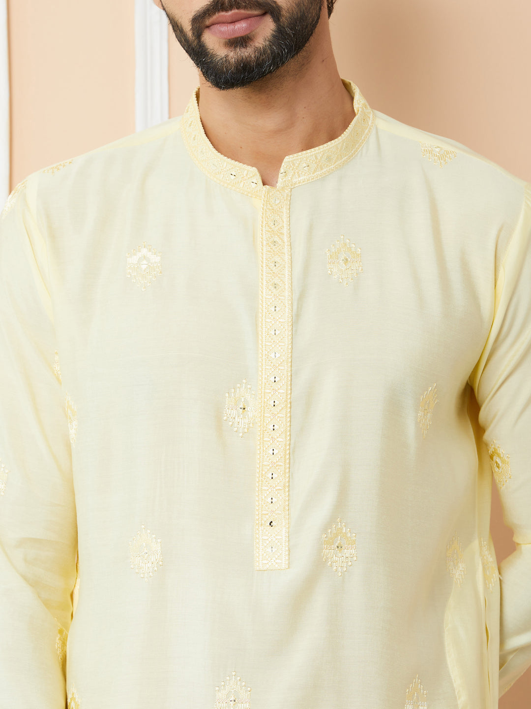 Light Yellow Embroidered Pure Chanderi Silk Straight Kurta with Pyjama