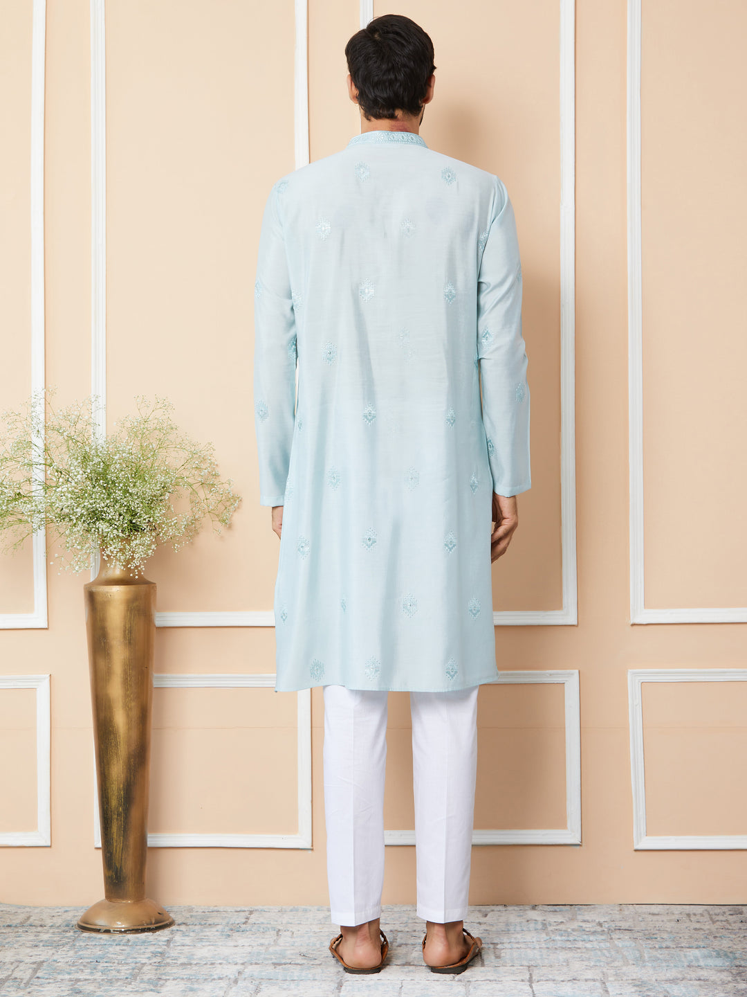 Light cyan Embroidered Pure Chanderi Silk Straight Kurta