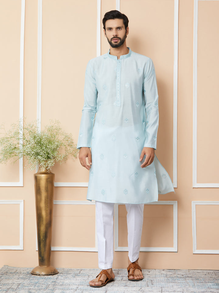 Light cyan Embroidered Pure Chanderi Silk Straight Kurta with Pyjama