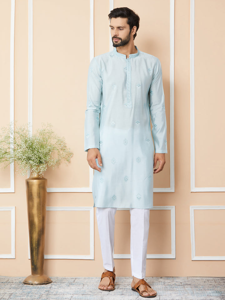 Light cyan Embroidered Pure Chanderi Silk Straight Kurta