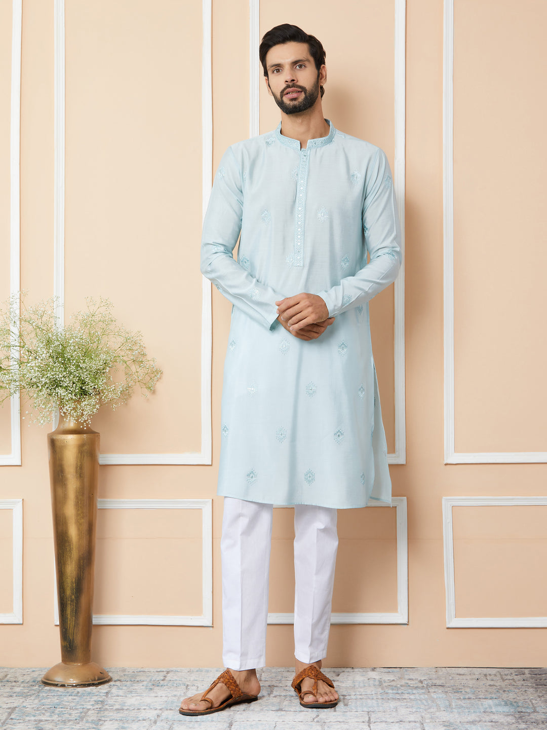 Light cyan Embroidered Pure Chanderi Silk Straight Kurta