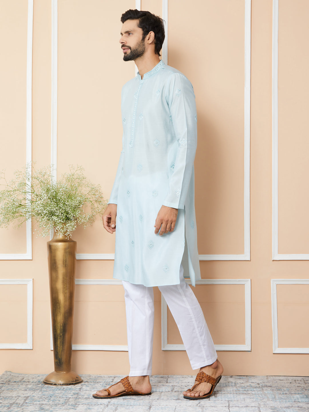 Light cyan Embroidered Pure Chanderi Silk Straight Kurta