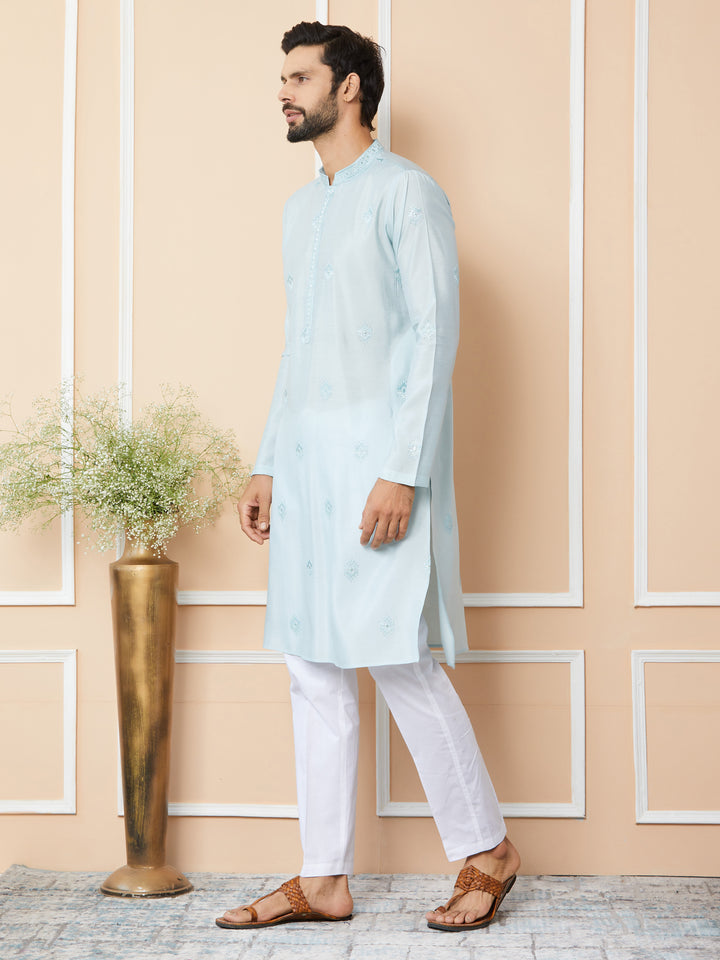 Light cyan Embroidered Pure Chanderi Silk Straight Kurta