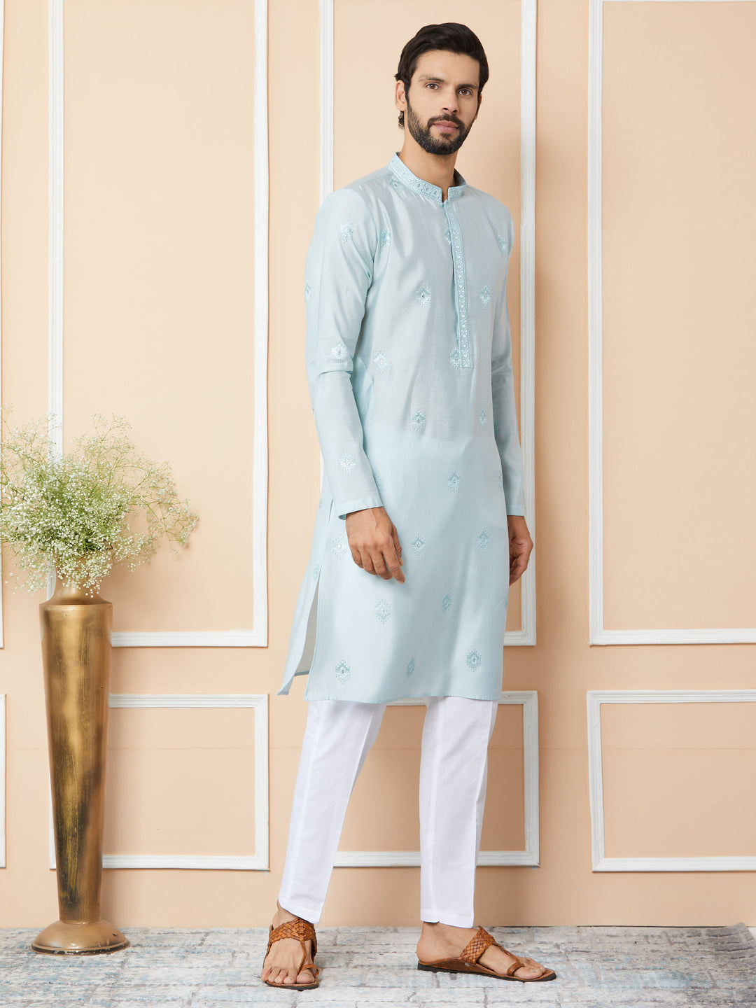 Light cyan Embroidered Pure Chanderi Silk Straight Kurta