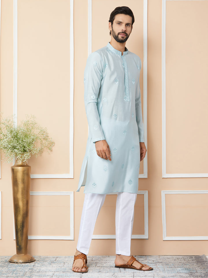 Light cyan Embroidered Pure Chanderi Silk Straight Kurta