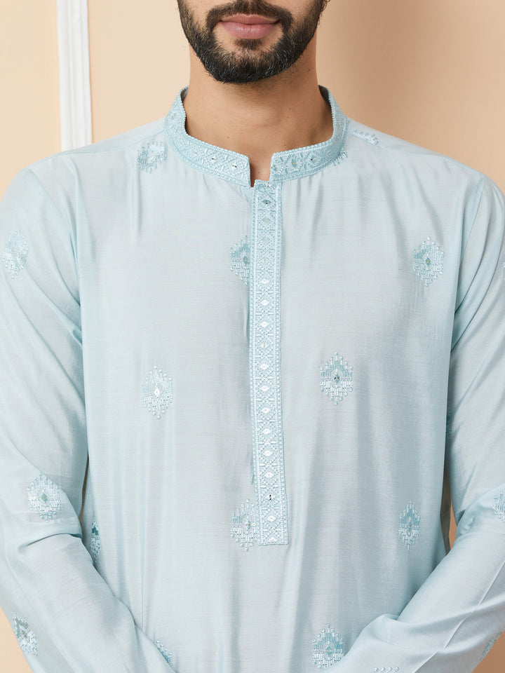 Light cyan Embroidered Pure Chanderi Silk Straight Kurta