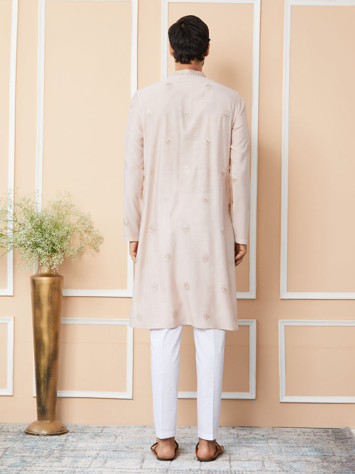 Light Classic Rose Embroidered Pure Chanderi Silk Straight Kurta